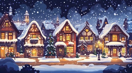 Snowy, festive, charming town at night.