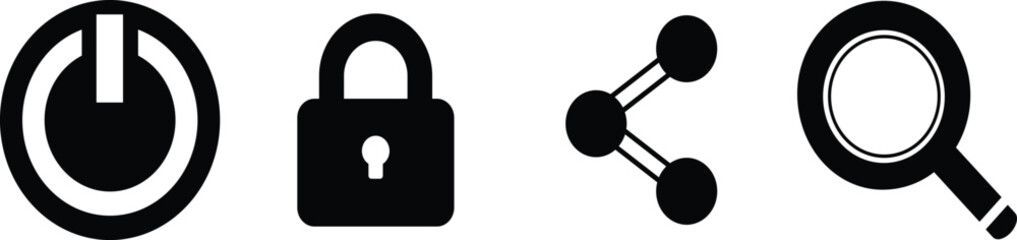 On, Off, Lock, Share, and Search Black Icon Set. Minimal Vector Symbols for Interface, Web, and App Design. Eps 10