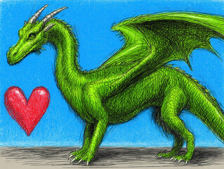 Obraz premium Whimsical Green Dragon Illustration: Fantasy Art with Heart Motif for Dragon Lovers, Playful Cartoon Character in Vibrant Colors