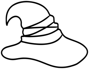 Sticker outline image of a classic pointed witch's hat with wavy edges and curves, made in black and white style.