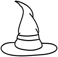 Sticker outline image of a classic pointed witch's hat with wavy edges and curves, made in black and white style.