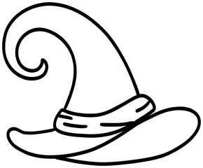 Sticker outline image of a classic pointed witch's hat with wavy edges and curves, made in black and white style.