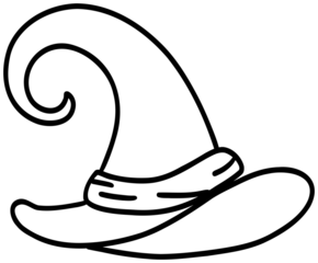Sticker outline image of a classic pointed witch's hat with wavy edges and curves, made in black and white style.