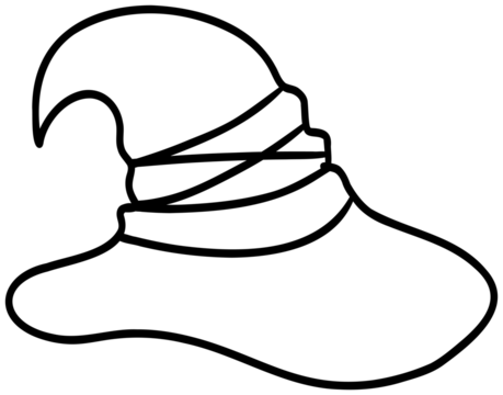 Sticker outline image of a classic pointed witch's hat with wavy edges and curves, made in black and white style.