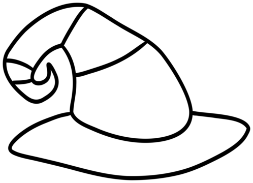 Sticker outline image of a classic pointed witch's hat with wavy edges and curves, made in black and white style.
