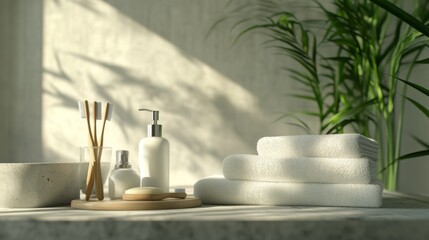 Relaxing bathroom setup with towels, skincare products, and natural elements for a serene atmosphere