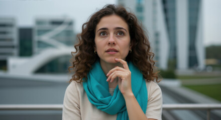 Thoughtful woman with curly hair and turquoise scarf touching her chin. Decision making moment for career counseling and personal development coaching