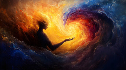 A painter using swirling colors to depict harmony, love, and joy.