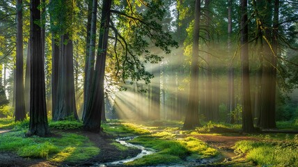 Obraz premium Sunbeams pierce the misty redwood forest, illuminating a small s
