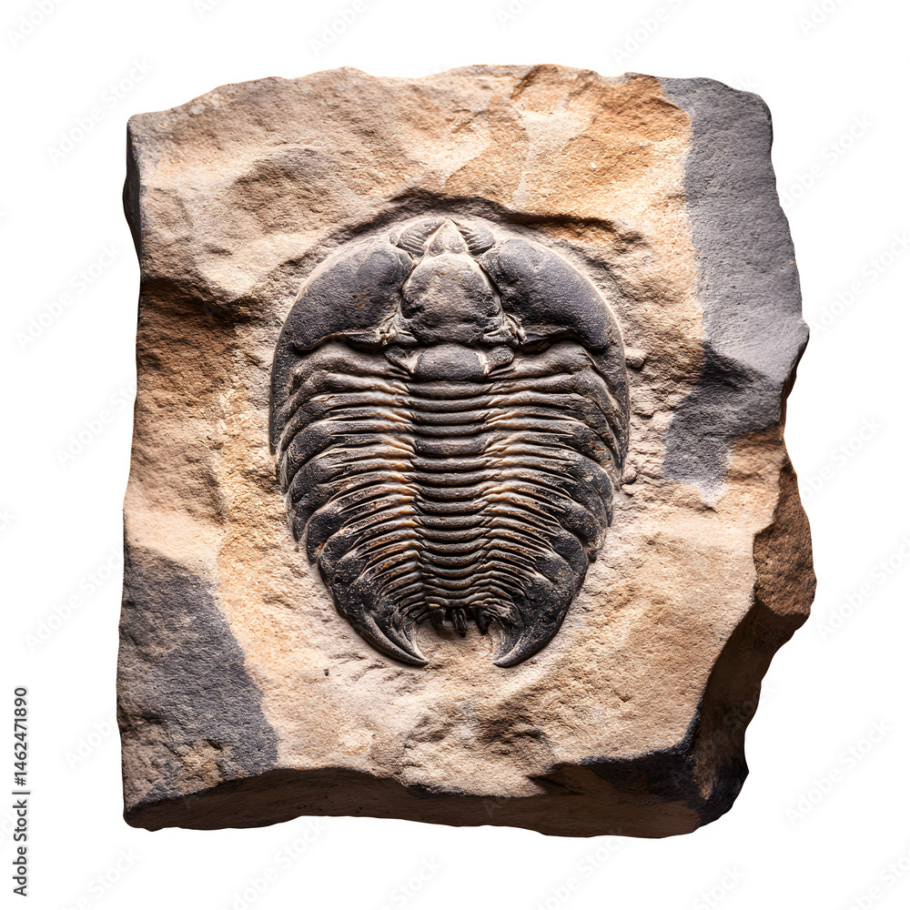 Poster fossilized trilobite specimen shale matrix isolated on transparent background