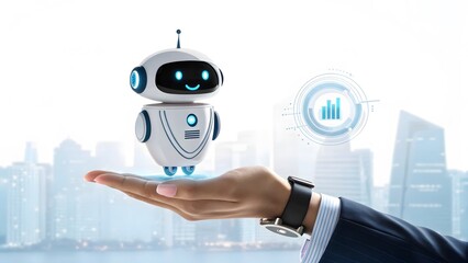 Friendly Robot On Hand Presenting Data Against Cityscape Background Illustrating Technological Advancements And Future Innovation In Business