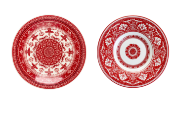 top-view photograph of a beautiful red and white ceramic plate with a Turkish pattern, isolated on a transparent background