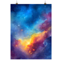 Galactic nebula watercolor poster isolated on transparent background