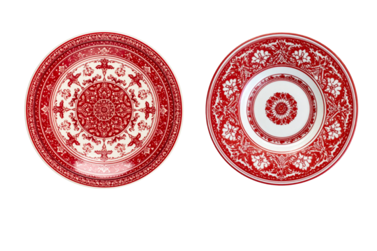  top-view photograph of a beautiful red and white ceramic plate with a Turkish pattern, isolated on a transparent background