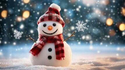 Happy Snowman in Winter Wonderland with Red Scarf and Hat, Snow , Holiday