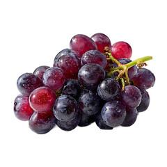 A bunch of fresh, juicy dark red grapes glistens with droplets of water against a crisp white backdrop, showcasing their plumpness and vibrant color beautifully.