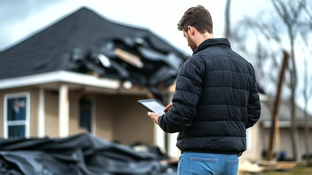 Storm-battered home with tarped roof in background as adjuster surveys damage with tablet, cross-checking damage estimates against policy forms in wind-blown setting