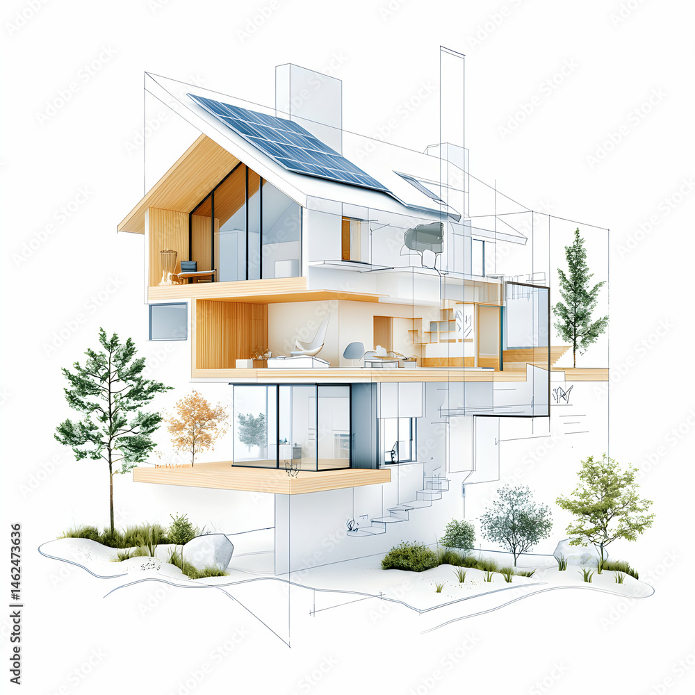 Poster an architectural rendering of a modern house with solar panels and open spaces. consider it for a su