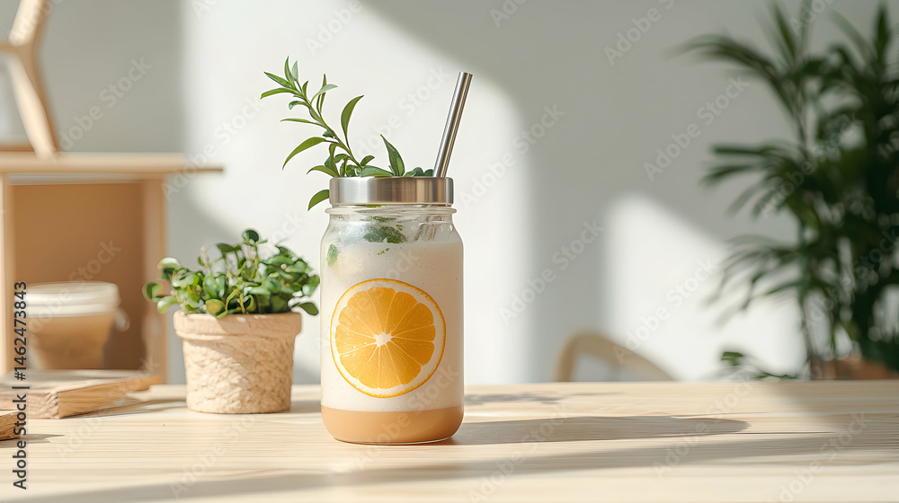 Poster a refreshing drink with orange slice decoration. serve it in a stylish glass and add some nature for