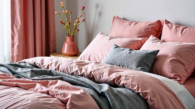 Luxurious large bed in the bedroom with fresh clean bed linen in pink colors. Interior idea concept in the house and hotel room
