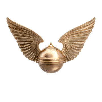 Golden snitch quidditch replica with wings isolated on transparent background