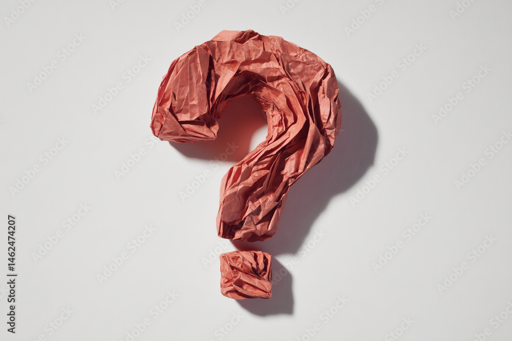 Aufkleber Red crumpled paper forms question mark on white background Free space for text Mockup design Concept of uncertainty, question, problem solving