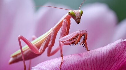 Close-up view of a pinkish-red praying mantis on a petal.