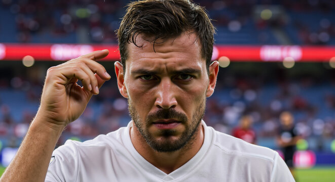 Soccer player with intense expression pointing to his head in white jersey at stadium. Mental strategy and focus visualization for athletic performance and sports psycholog
