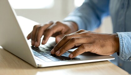 Close up of Dark Skinned Hands Typing on Laptop Keyboard Working from Home Office