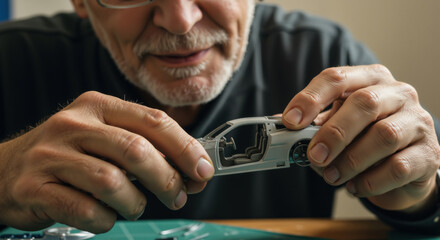 Senior man examining transparent model car with precision and focus. Hobby craftsmanship for collectible scale modeling and retirement leisure activities in home workshop environment