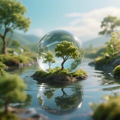 Glass spheres, miniature trees, water and earth elements, crystal clear orbs,
