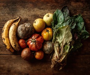 slightly overripe fruits and vegetables on a wooden kitchen countertop