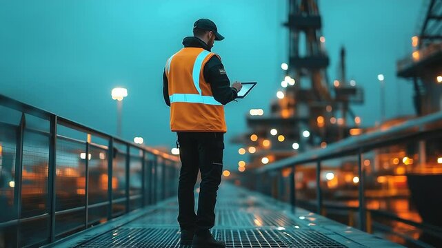 Man in reflective safety vest stands on grated metal walkway beside oil rig, using tablet to adjust drill pressure. Complex screens, charts glow under overcast sky