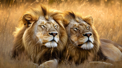 Fototapeta premium A pair of lions lounging in the tall grass of the savanna.