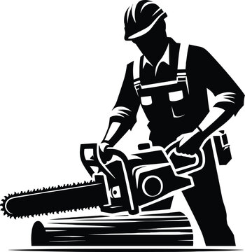 recommend clip art: A man cutting wood with a chainsaw silhouette Vector Illustration isolated on a white background