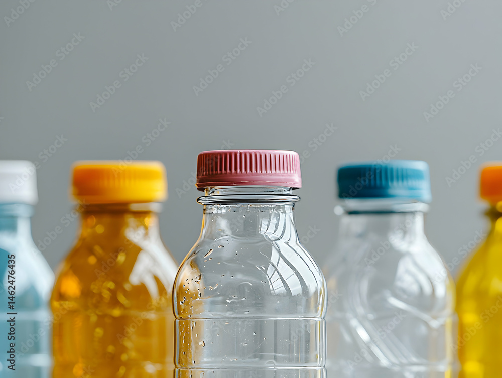 Poster a close-up shot of several water bottles with colorful caps. use the image for promoting hydration o
