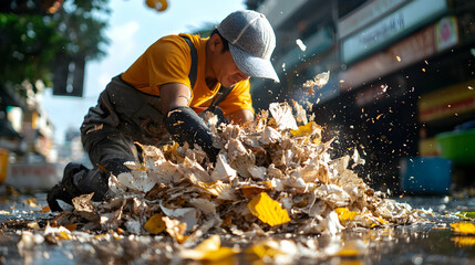 A worker gathers fallen leaves a fall image that captures the essence of outdoor work. Use it for articles on autumn chores or seasonal labor.