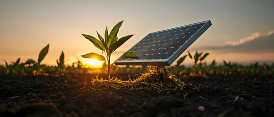 Solar panel and young plant at sunset symbolize clean energy future. Sustainable farming can use solar power improving crop yields. It promotes environmental protection for growth.