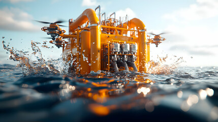 A vibrant image of a futuristic floating structure with drones surrounded by water creating a splash. Suitable for technology or environmental applications.