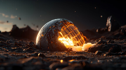A futuristic scene depicting a partially destroyed sphere revealing glowing energy. Perfect for sci-fi art or game backgrounds exploring themes of destruction and rebirth.
