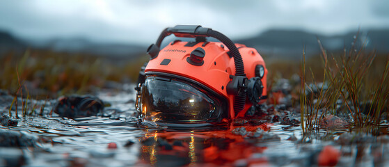 An orange helmet rests in water. The scene suggests a submerged object in a natural environment evoking a sense of mystery and exploration. Application for sci-fi artwork.
