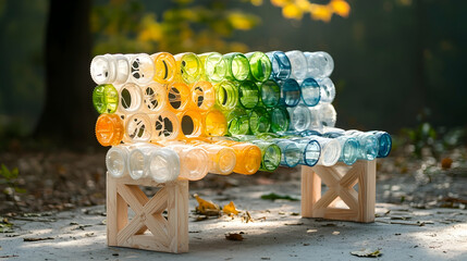 A bench crafted from recycled plastic bottles demonstrating a sustainable design. Great for parks or gardens promoting environmental consciousness. 