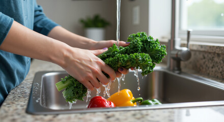 Woman washing fresh kale and colorful peppers under running water in kitchen sink. Healthy food preparation for nutritious meal cooking, organic vegetable cleaning or clean eating lifestyle concept