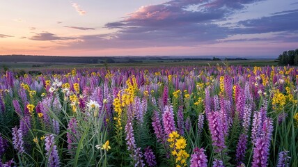 Obraz premium Sunset Serenity: Vibrant Wildflower Meadow at Dusk