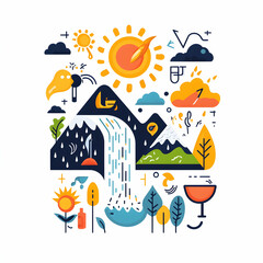 This vector illustration features elements of nature like mountains waterfalls sunshine and clouds. Could be used as a design for various projects.