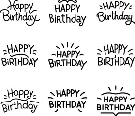 Minimalist Happy Birthday Handwritten Text Set. Black Line Art Greetings