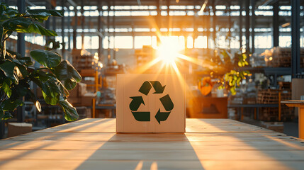 A box with the recycle symbol sits on a wooden surface with sun rays shining through a warehouse. Focus on sustainable practices and environmental responsibility.