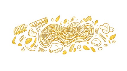 Hand-drawn illustration of various pasta types.