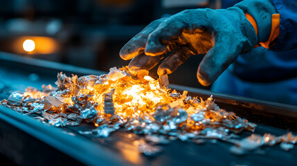 A gloved hand interacts with a pile of burning metal shavings. Suggests industrial process or artistic representation of heat and transformation.