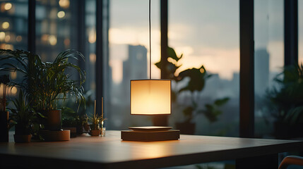 A serene interior featuring a hanging lamp and a city view. Suitable for creating a relaxing atmosphere in a home office or living space.